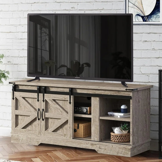 2024 New 58 Inch Farmhouse TV Stand, Modern Rustic Entertainment Center with Sliding Barn Door and Storage Cabinets