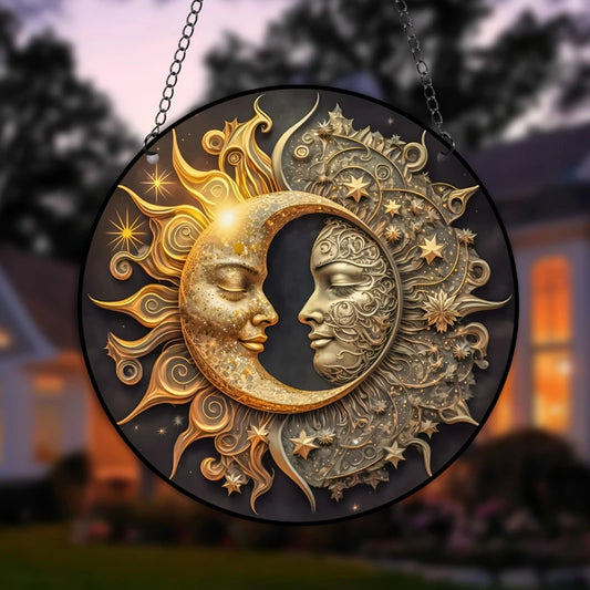 Sun and Moon Acrylic Decoration with Metal Chain Stain Plastic Wall Art Decor Yard Craft Christmas Decor Stained Suncatcher