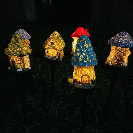 Creative Solar Resin Mushroom House Light Outdoor Waterproof LED Cartoon Ground Plug Light Garden Decoration Lawn Landscape Lamp