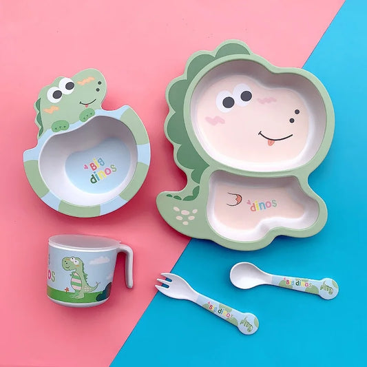5 Pcs Cute Dinosaur Cartoon Pattern Bamboo Fiber Children Baby Kids Solid Food Feeding Tableware Set Plate Cup Bowl Fork Spoon